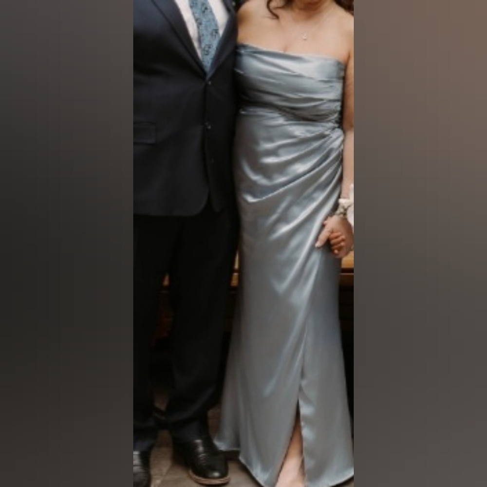 Elegant Strapless Satin Dusty Blue Dress.   My Height 5' 1 - Picture 2 of 4